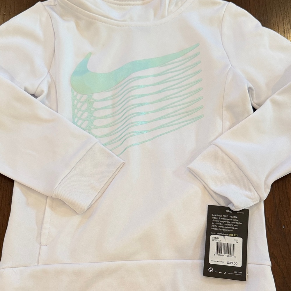 Girls Nike White Pullover Hoodie with Mint Swoosh Graphic - Picture 2 of 2
